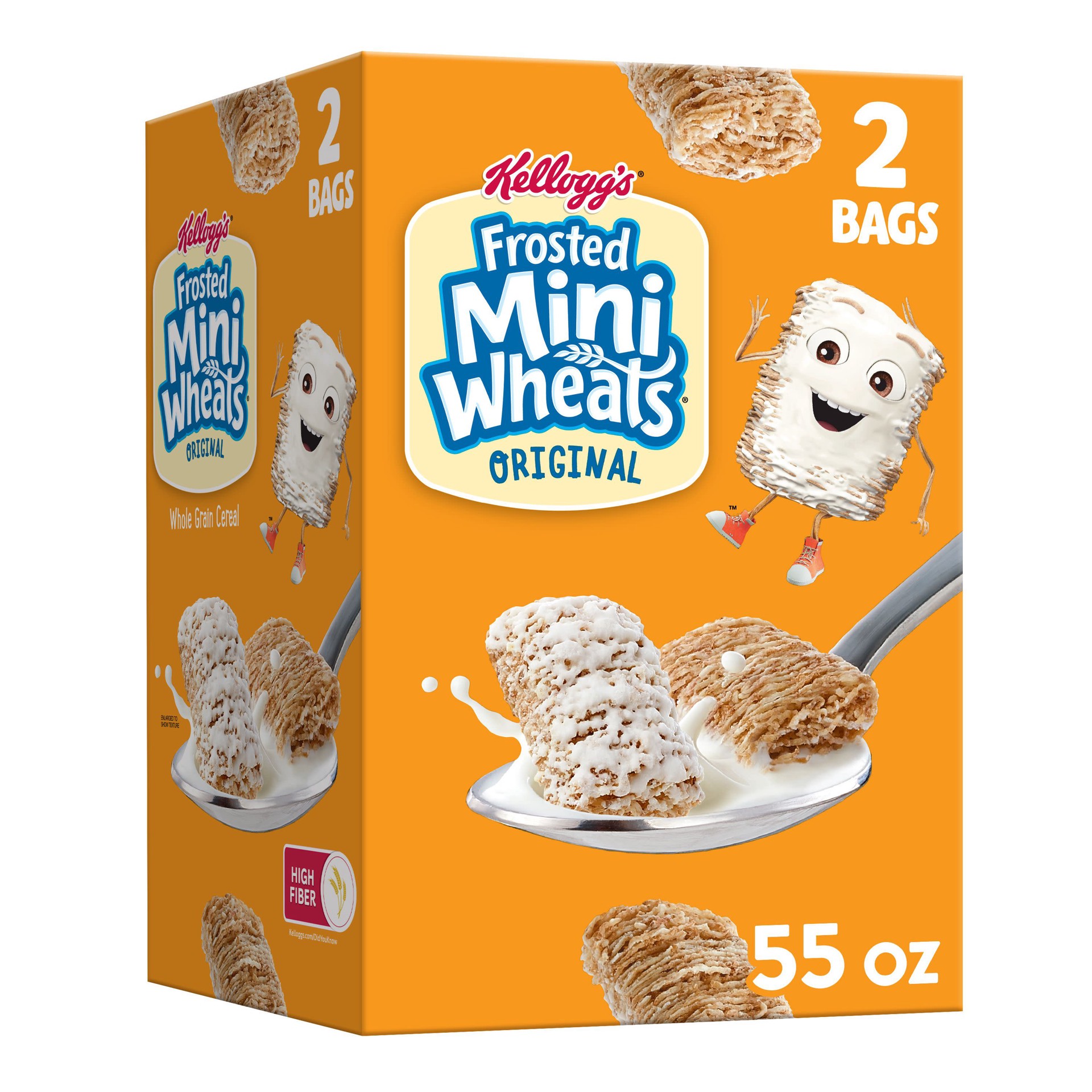 slide 1 of 8, Frosted Mini-Wheats Kellogg's Frosted Mini-Wheats Breakfast Cereal, High Fiber Cereal, Kids Snacks, Original, 55oz Box, 2 Bags, 55 oz