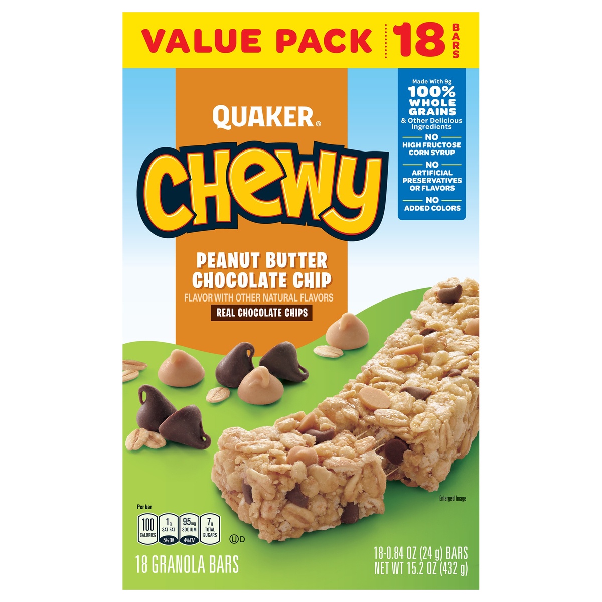 slide 1 of 1, Quaker Chewy Granola Bars Peanut Butter Chocolate Chip, 15.2 oz, 18 ct