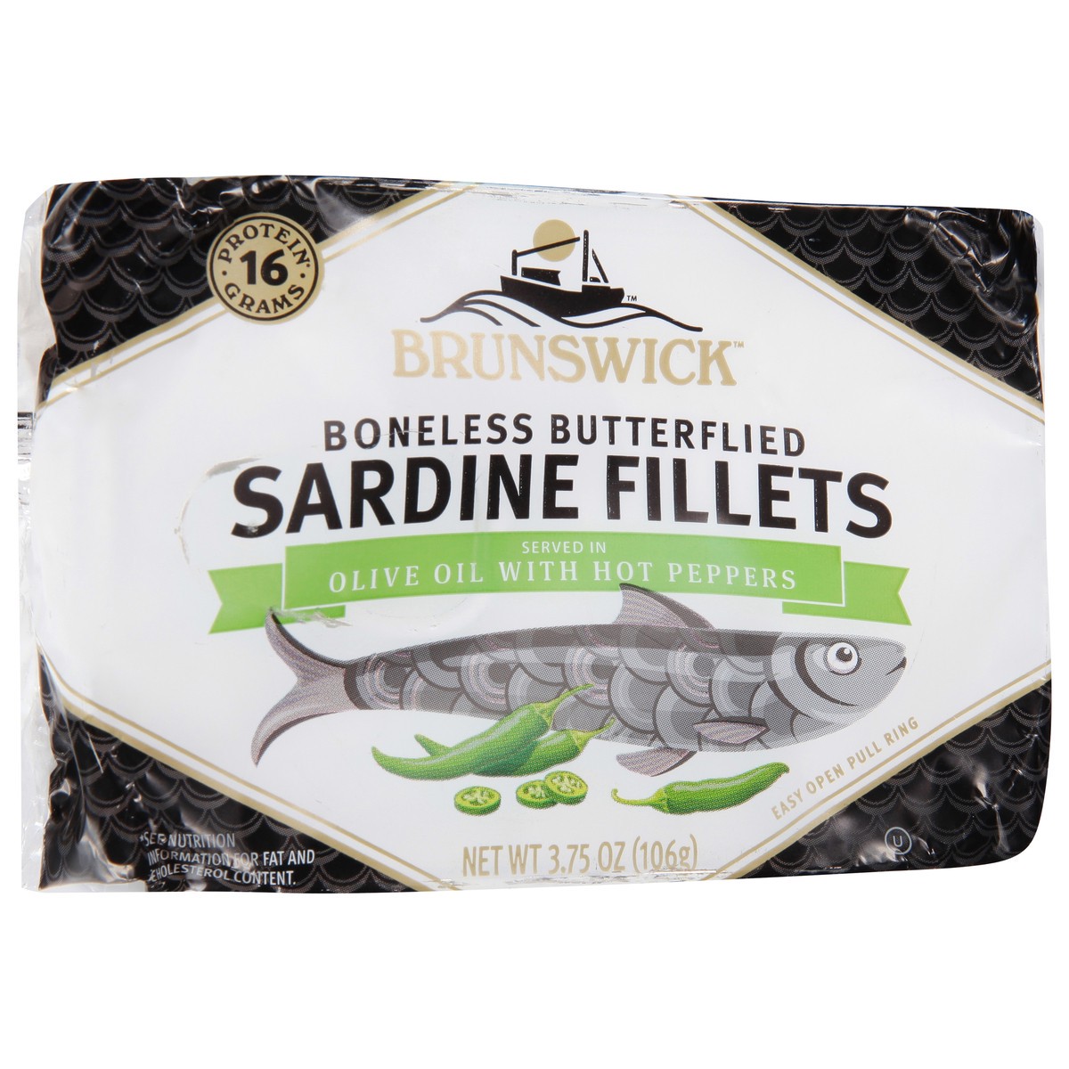 slide 3 of 9, BRUNSWICK SEAFOOD Sardine Fillets With Hot Peppers In Olive Oil(Tin), 3.75 oz