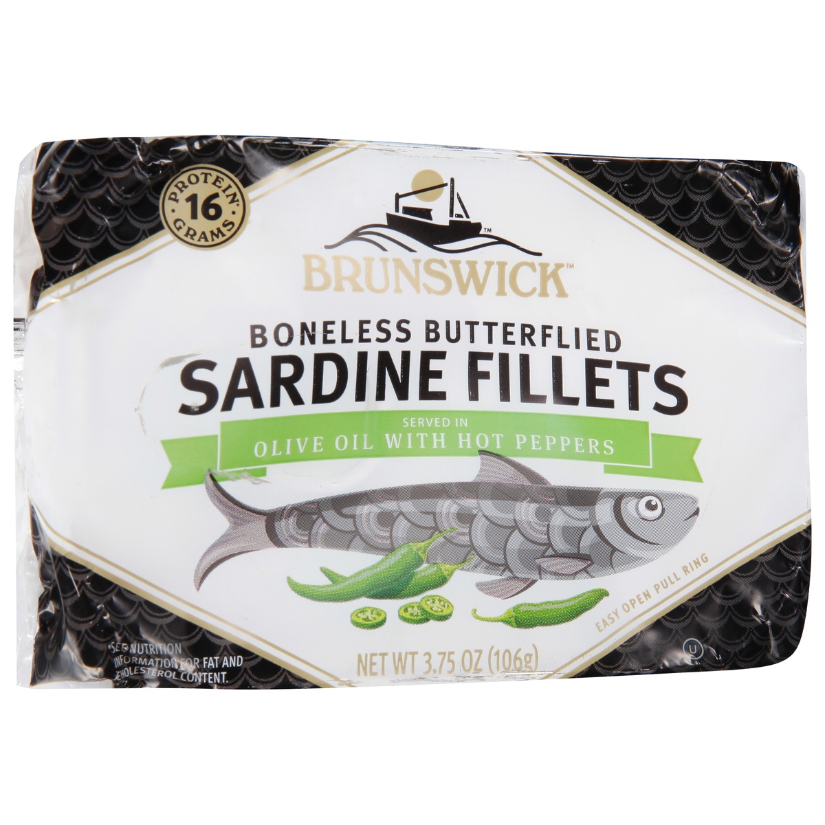 slide 2 of 11, Brunswick Sardine Fillets in Soybean Oil with Hot Peppers, 3.75 oz