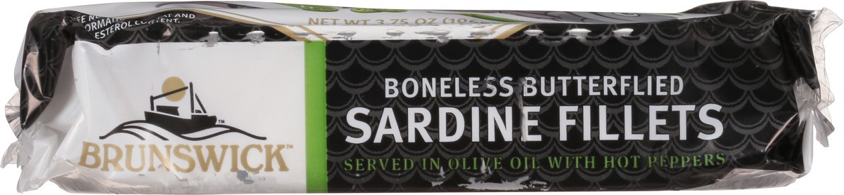 slide 8 of 9, BRUNSWICK SEAFOOD Sardine Fillets With Hot Peppers In Olive Oil(Tin), 3.75 oz