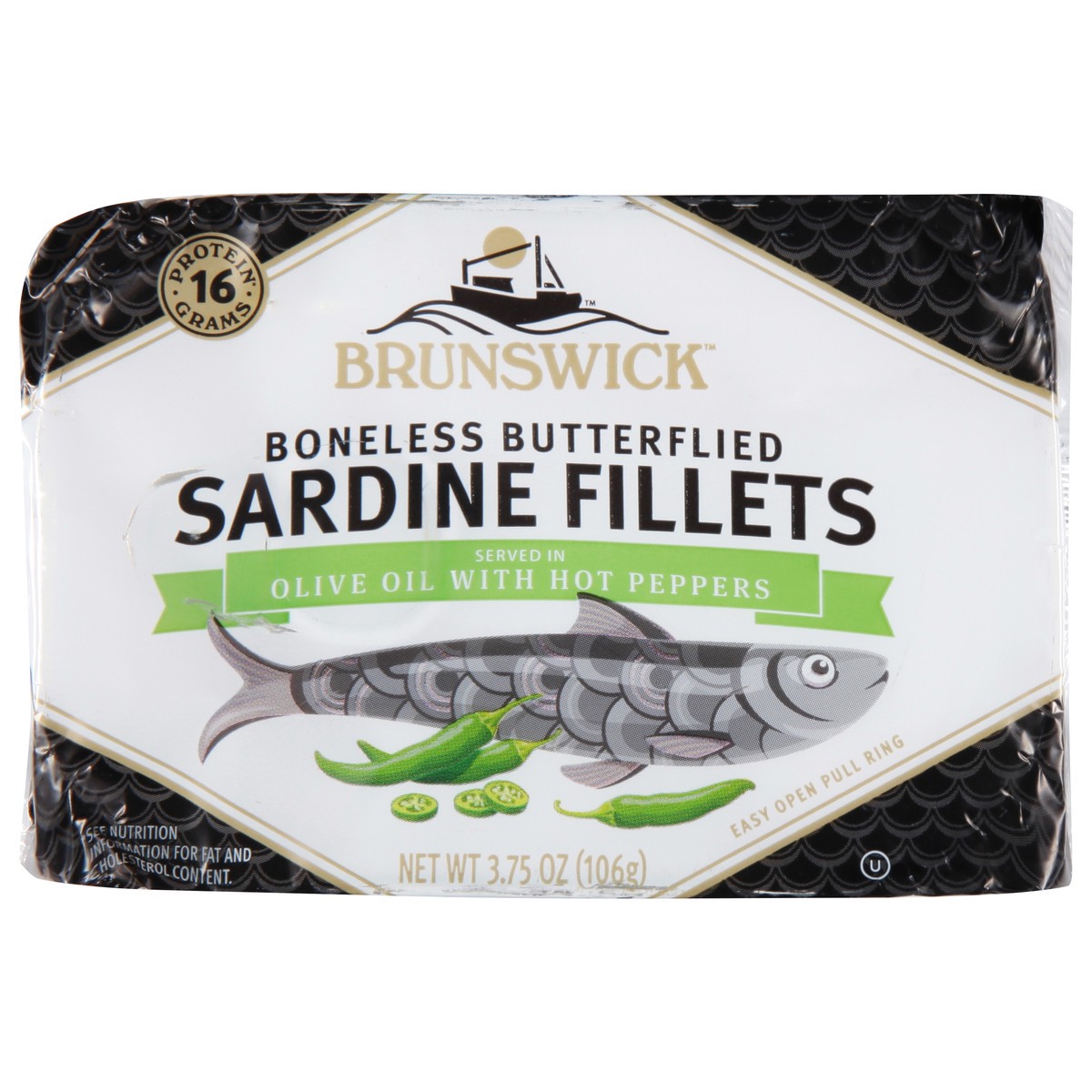 slide 1 of 9, BRUNSWICK SEAFOOD Sardine Fillets With Hot Peppers In Olive Oil(Tin), 3.75 oz