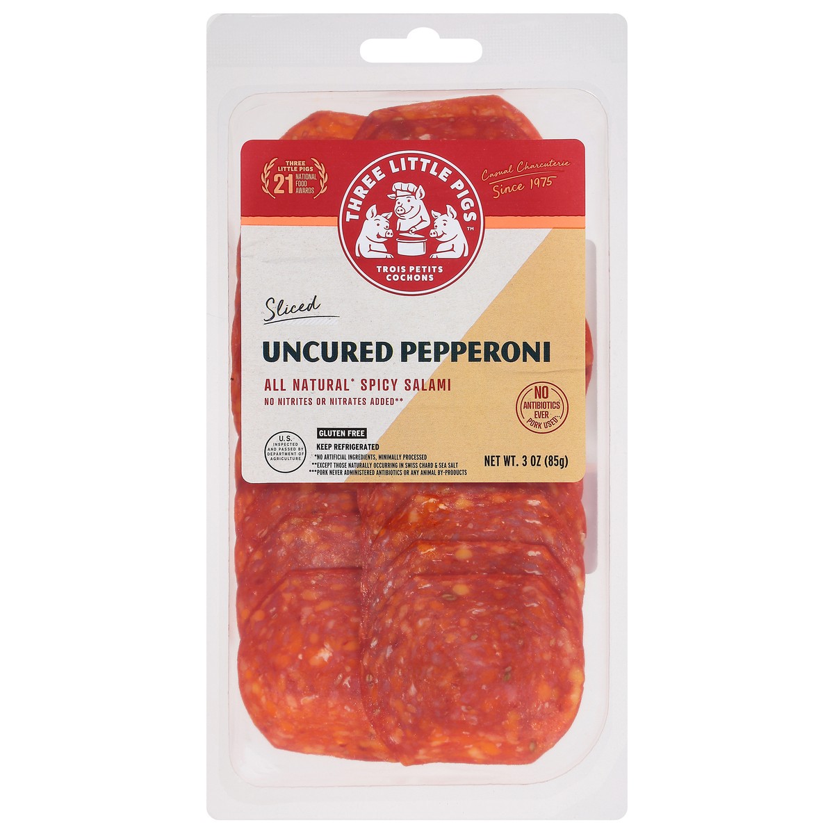 slide 2 of 4, 3 Pigs Sliced Uncured Pep, 3 oz