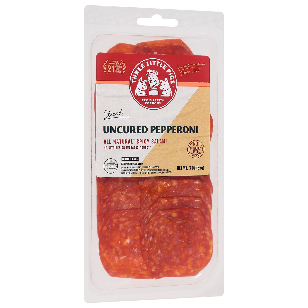 slide 3 of 4, 3 Pigs Sliced Uncured Pep, 3 oz