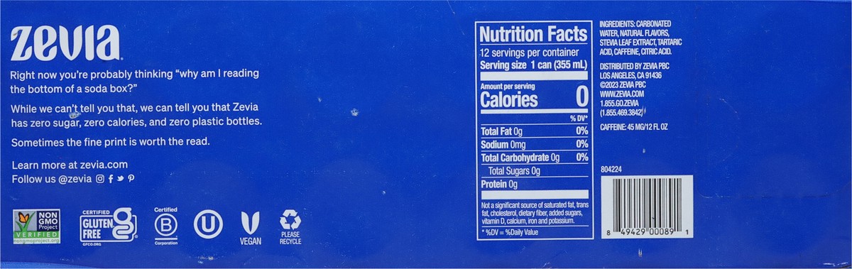 slide 9 of 9, Zevia Cola Zero Calorie Soda - 144 fl oz, 12 ct 12 oz