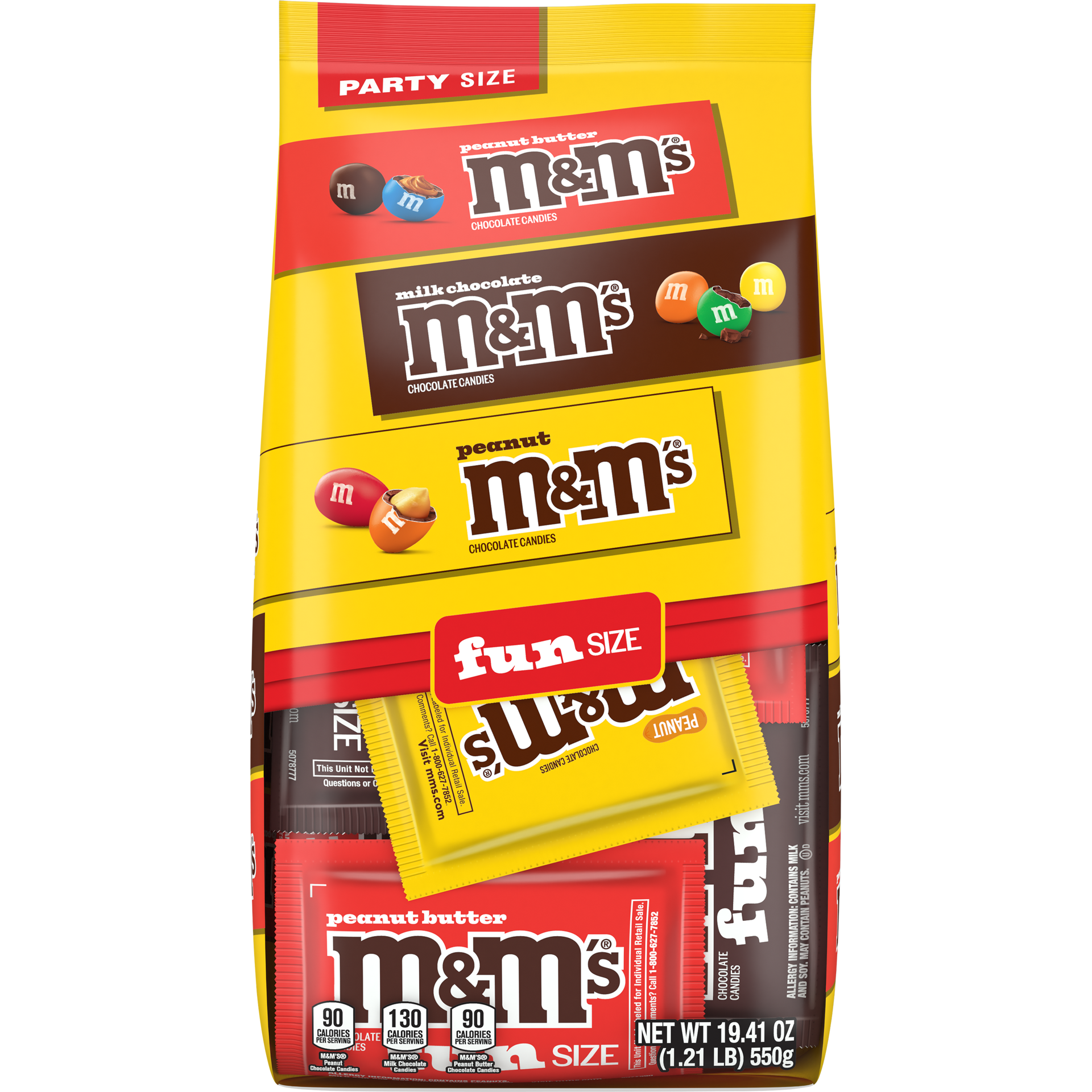 slide 1 of 8, M&M'S Milk Chocolate, Peanut & Peanut Butter Fun Size Variety Pack, Party Size, 19.41 Oz Bulk Candy Bag, 19.41 oz