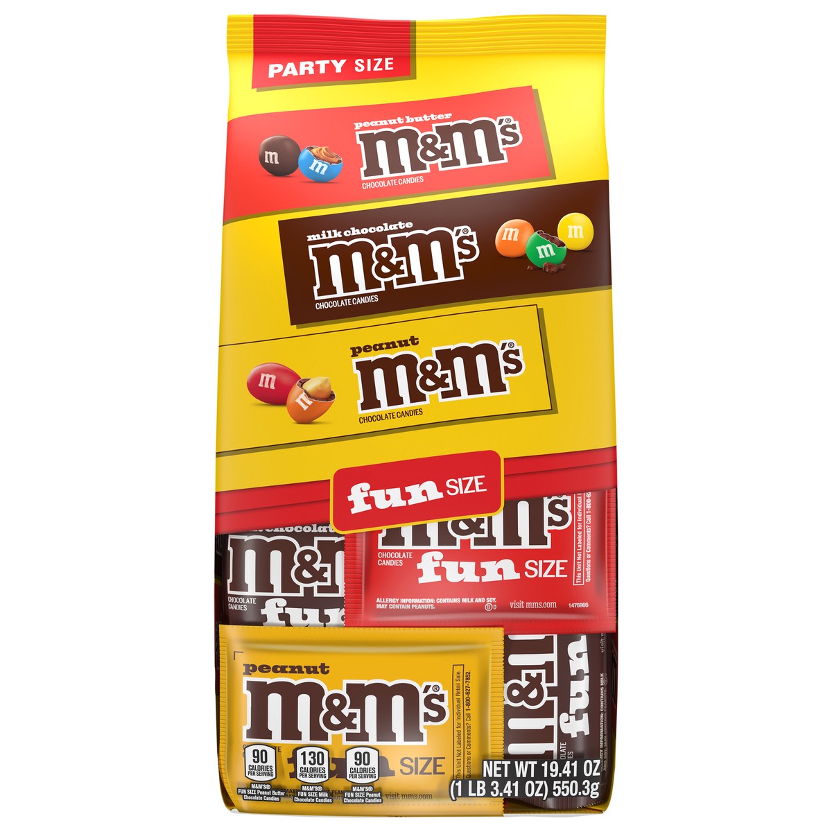slide 1 of 13, M&M'S Milk Chocolate, Peanut & Peanut Butter Fun Size Variety Pack, Party Size, 19.41 Oz Bulk Candy Bag, 19.41 oz