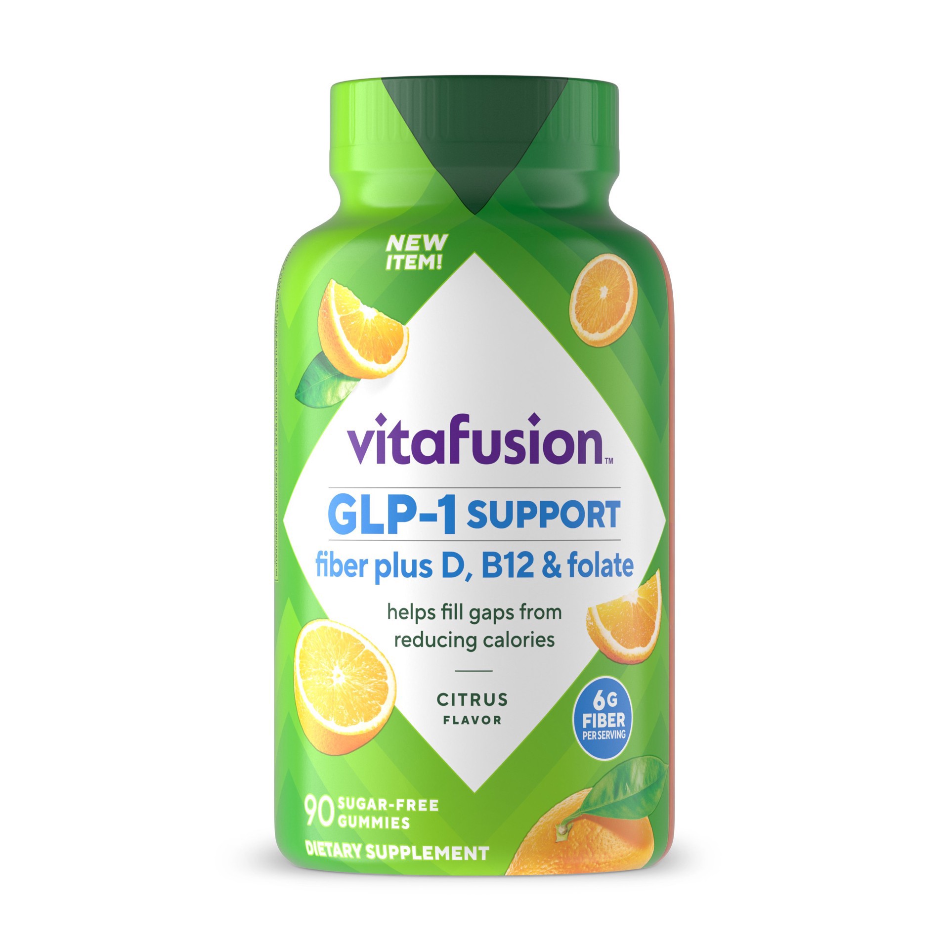 slide 1 of 1, vitafusion GLP-1 Support Fiber Plus Vitamins D, B12 and Folate Gummy Vitamins, Citrus Flavor, Sugar Free, 90 Count, 30 Day Supply?, 90 ct