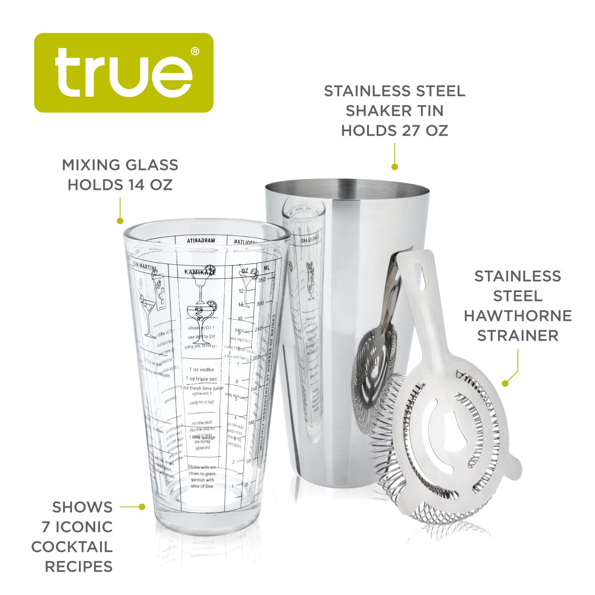 slide 2 of 5, True 3-Piece Barware Set with 7 Cocktail Recipes and Measurements Printed on Mixing Glass, Includes Shaker Tin and Hawthorne Strainer, Glass and Stainless Steel, 1 ct