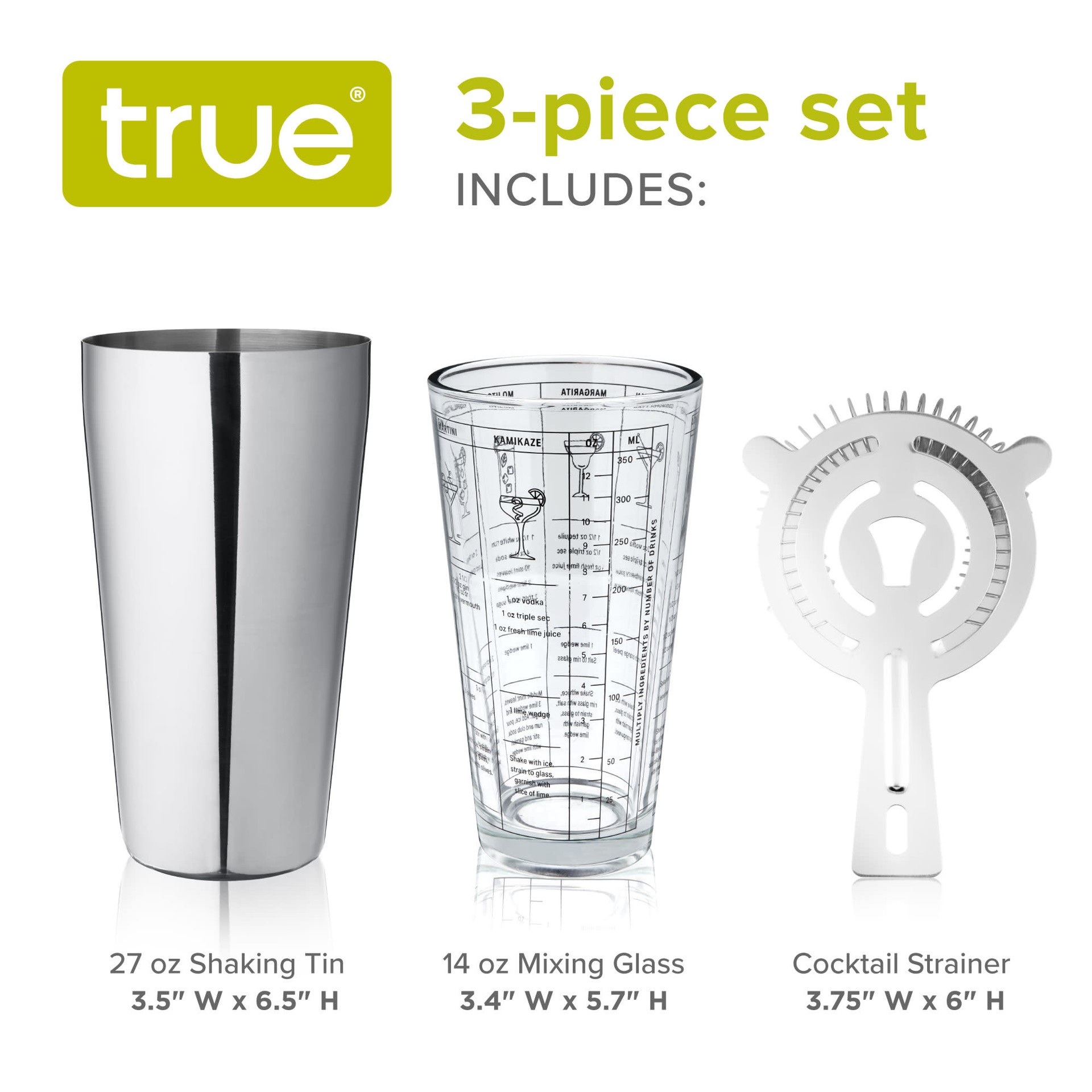 slide 3 of 5, True 3-Piece Barware Set with 7 Cocktail Recipes and Measurements Printed on Mixing Glass, Includes Shaker Tin and Hawthorne Strainer, Glass and Stainless Steel, 1 ct