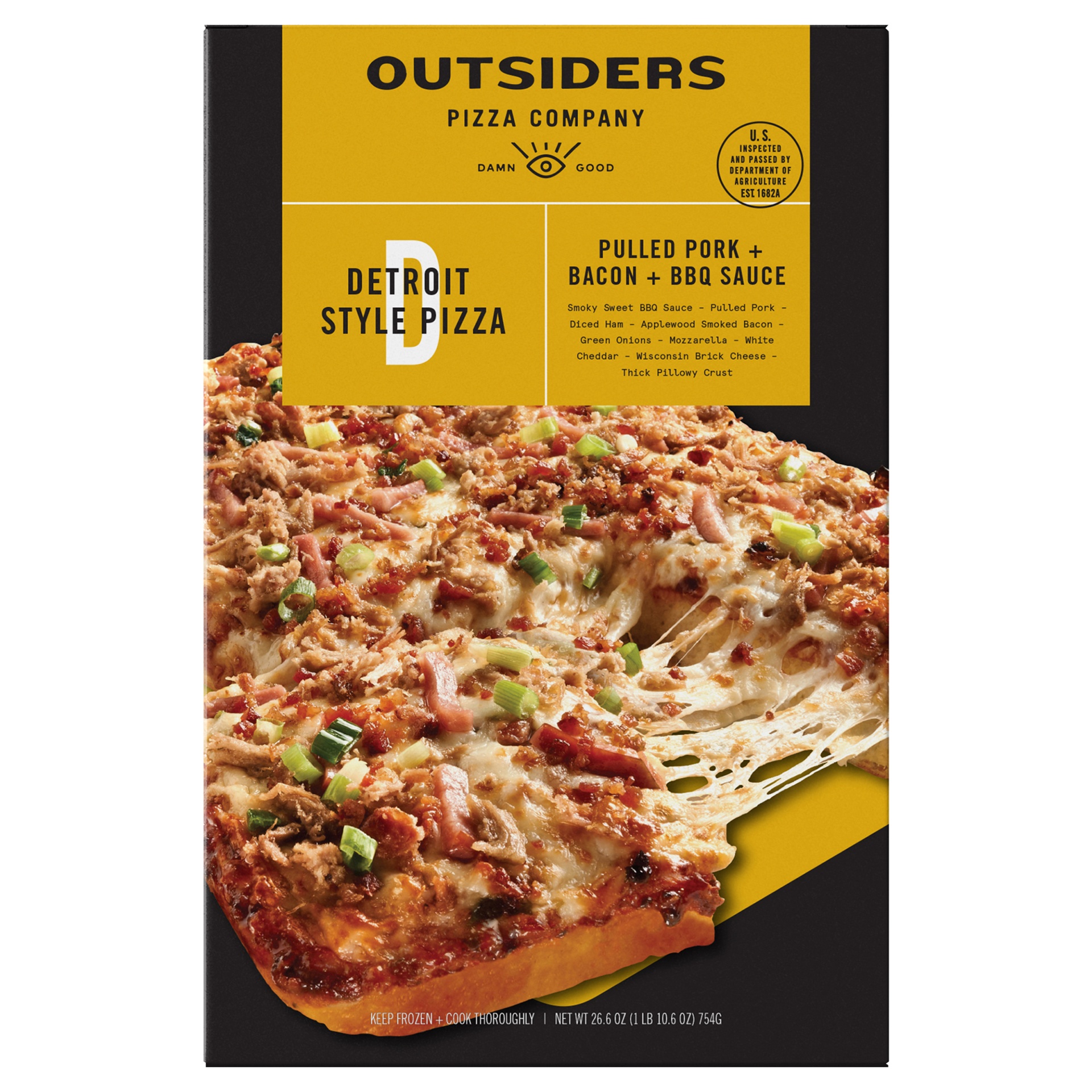 slide 2 of 6, Outsiders Pizza Company BBQ Recipe Pulled Pork + Bacon Detroit Style Pizza, 26.6 oz