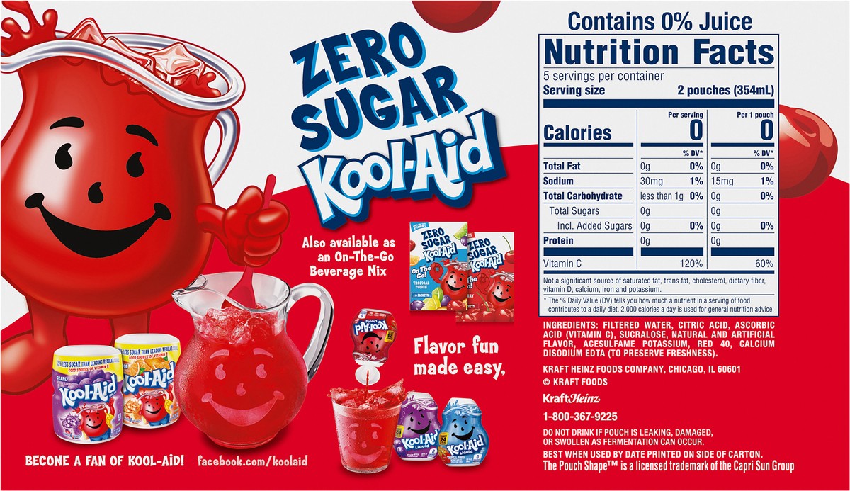 slide 8 of 9, Kool-Aid Jammers Cherry Zero Sugar Artificially Flavored Soft Drink, 10 ct Box, 6 fl oz Pouches, 10 ct