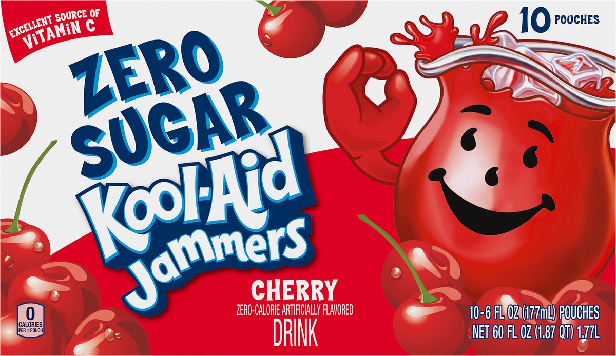 slide 2 of 9, Kool-Aid Jammers Cherry Zero Sugar Artificially Flavored Soft Drink, 10 ct Box, 6 fl oz Pouches, 10 ct