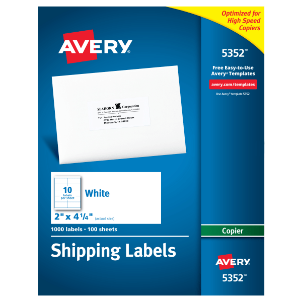 slide 1 of 6, Avery® Shipping Labels For Copiers, 5352, Rectangle, 2"" x 4-1/4"", White, Pack Of 1,000, 1000 ct