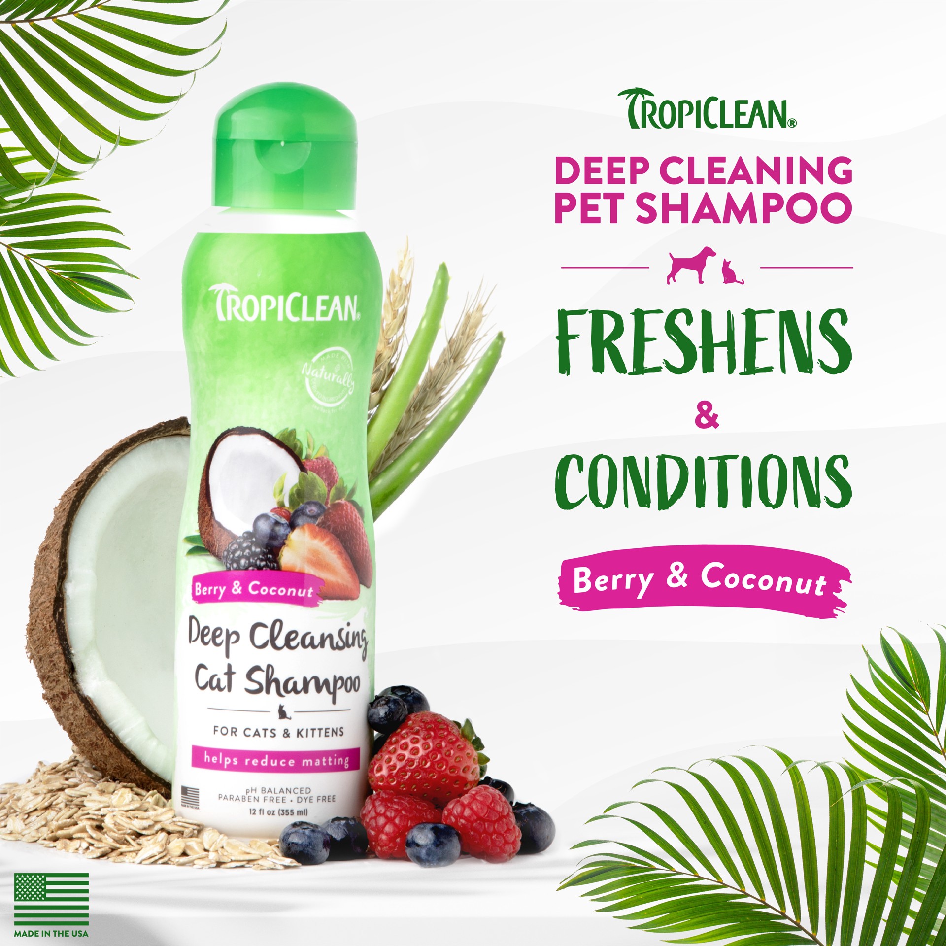 slide 7 of 10, TropiClean Berry & Coconut Deep Cleansing Shampoo for Cats & Kittens, 12oz, 12 oz