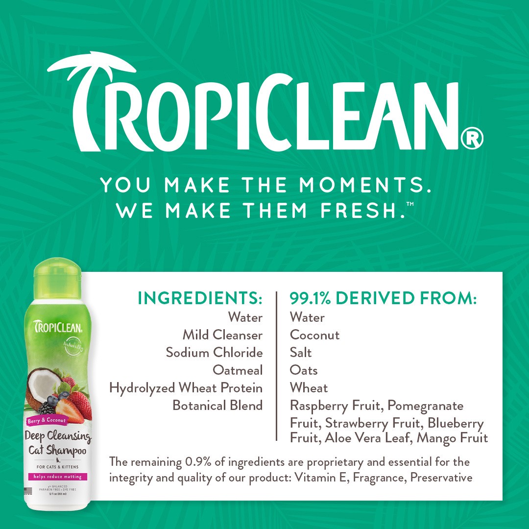 slide 5 of 10, TropiClean Berry & Coconut Deep Cleansing Shampoo for Cats & Kittens, 12oz, 12 oz