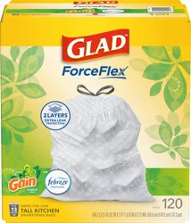 Glad ForceFlex Tall Kitchen Drawstring Trash Bags, 13 Gallon, Gain Original with Febreze Freshness, 120 Count