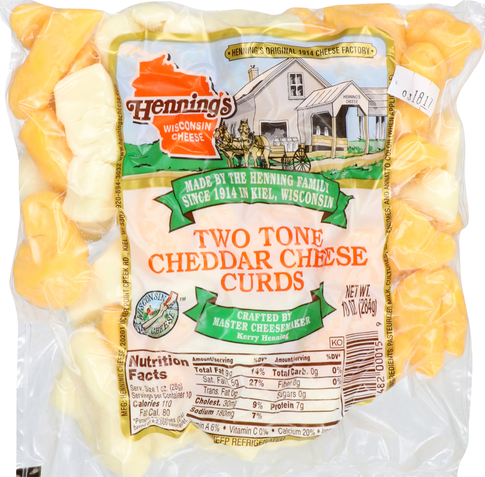 slide 1 of 1, Henning's Wisconsin Cheese Two Tone Cheddar Cheese Curds, 10 oz