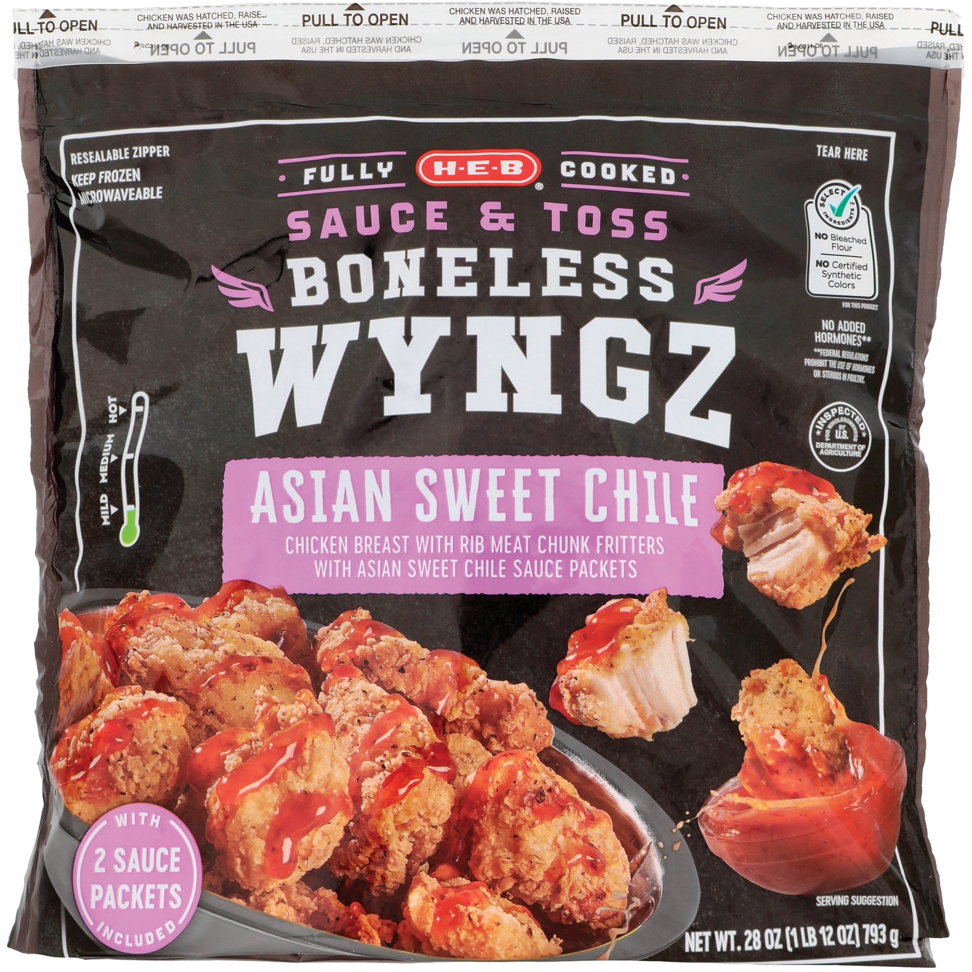 slide 1 of 1, H-E-B Fully Cooked Frozen Boneless Chicken Wyngz – Asian Sweet Chile, 28 oz