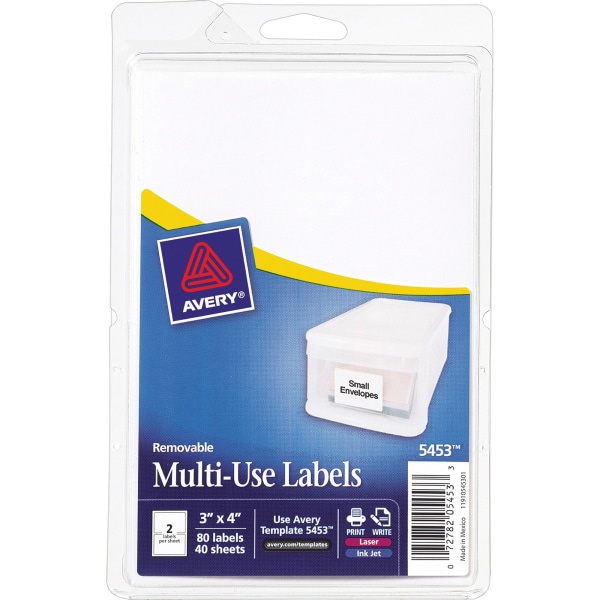 slide 1 of 1, Avery Removable Inkjet/Laser Multipurpose Labels, 5453, White, 80 ct; 3 in x 4 in