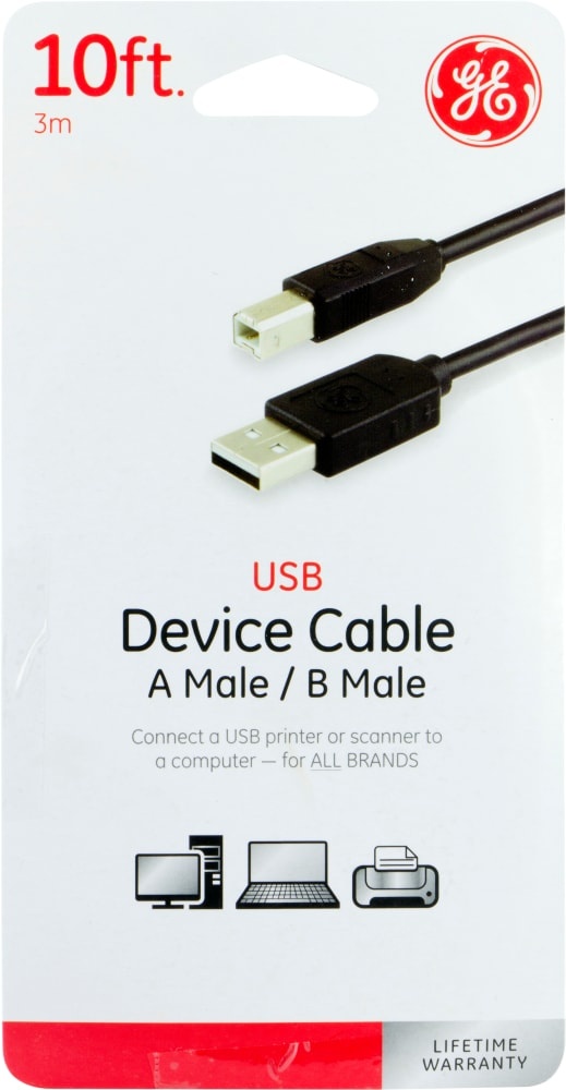 slide 1 of 1, Ge Usb 2.0 Device Cable - Black - 10 Foot, 10 ft