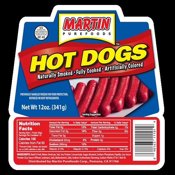 slide 1 of 1, Martin's Pure Foods Hot Dogs, 12 oz