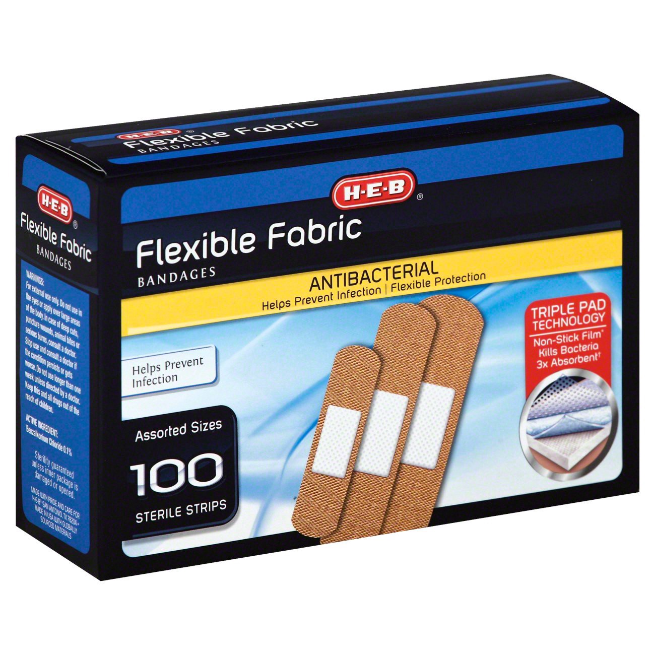 slide 1 of 1, H-E-B Flexible Fabric Bandages, Assorted Sizes, 100 ct