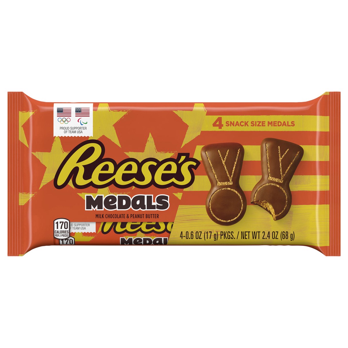 slide 1 of 2, REESE'S Milk Chocolate Snack Size Peanut Butter Medals, Candy Packs, 0.6 oz (4 Count), 4 ct