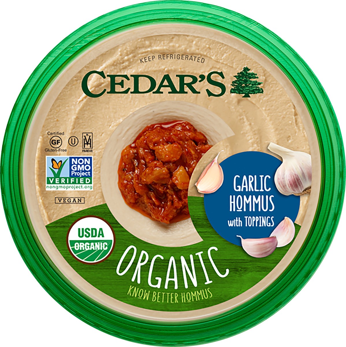 slide 2 of 4, Cedar's Organic Hommus Garlic With Toppings, 10 oz