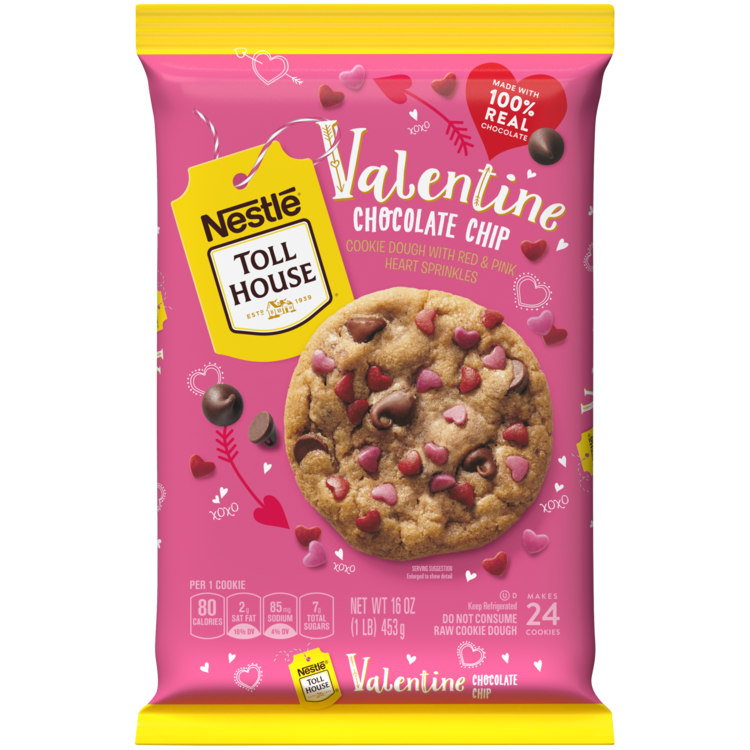 slide 1 of 12, Toll House NESTLÉ TOLL HOUSE Valentine Chocolate Chip Cookie Dough with Red & Pink Heart Sprinkles 16oz Pack, 16 oz