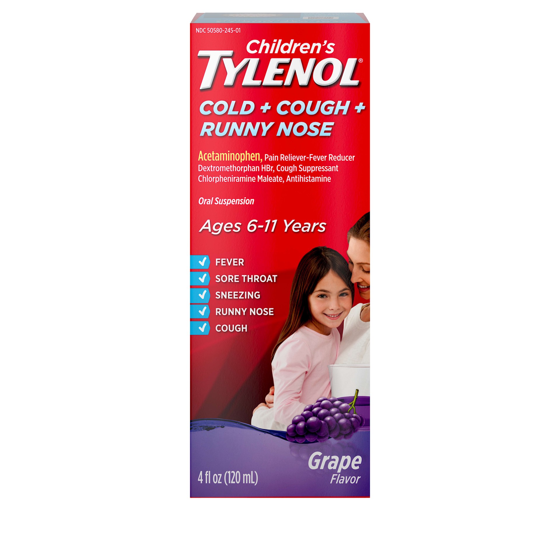 slide 1 of 10, Children's Tylenol Cold + Cough + Runny Nose, Acetaminophen, Pain & Fever Relief, Chlorpheniramine Maleate, Antihistamine, Dextromethorphan HBr, Cough Suppressant; Grape liquid, 4 fl. oz.; Pack of 1, 4 fl oz