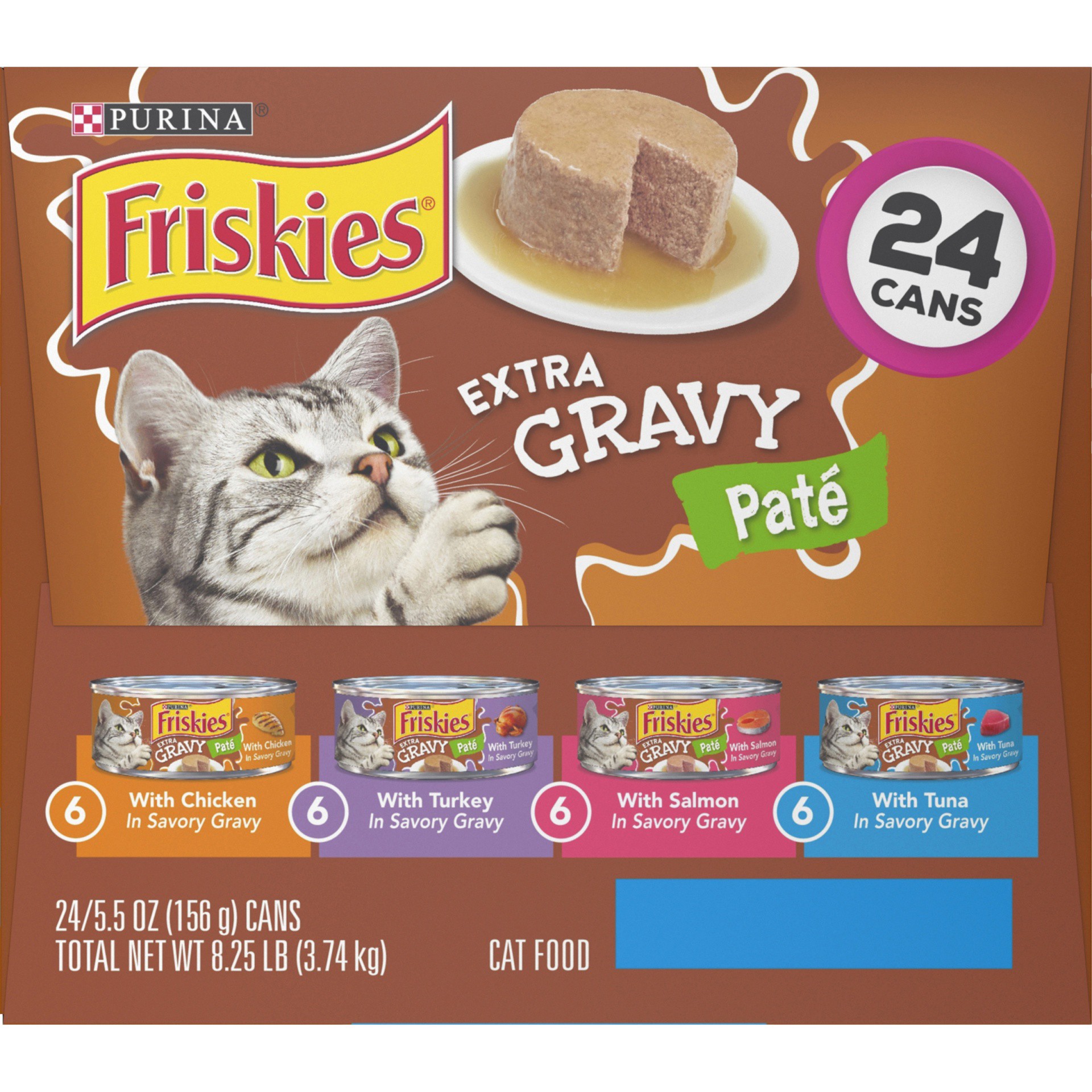 slide 4 of 9, Purina Friskies Pate Wet Cat Food Variety Pack, Extra Gravy Pate Chicken, Turkey, Salmon & Tuna, 8.25 lb