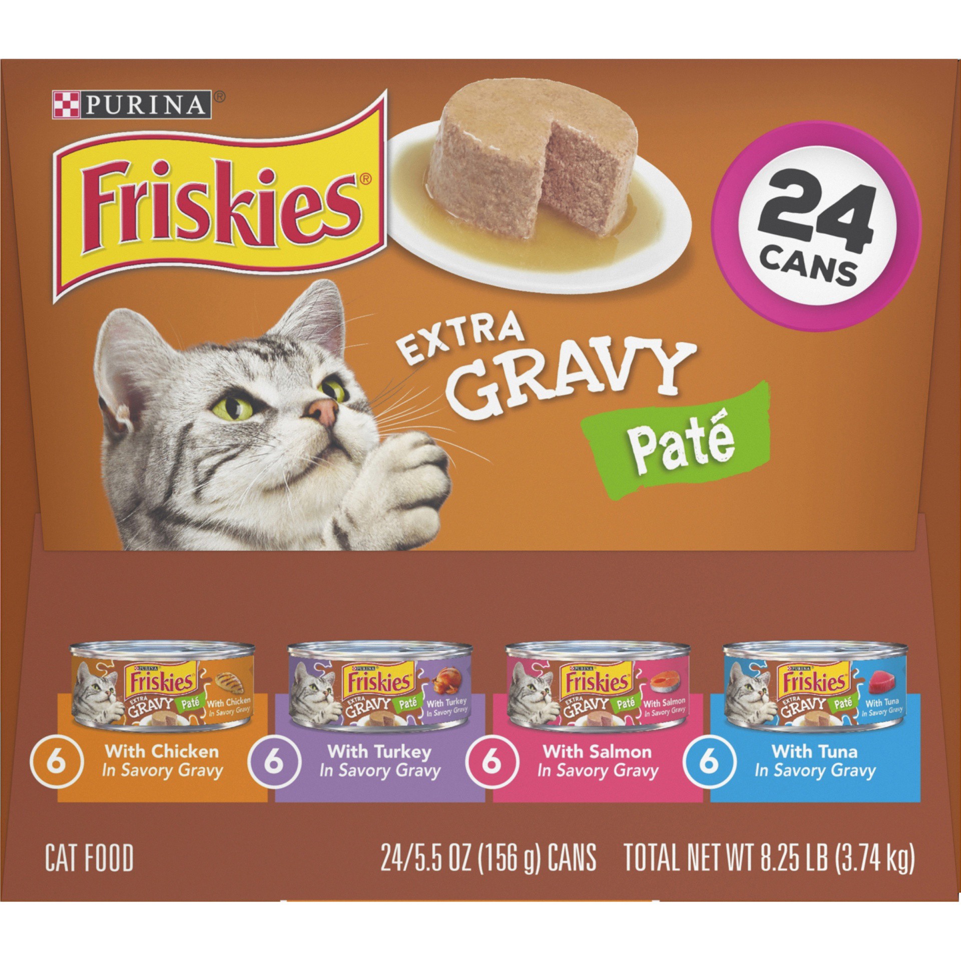 slide 5 of 9, Purina Friskies Pate Wet Cat Food Variety Pack, Extra Gravy Pate Chicken, Turkey, Salmon & Tuna, 8.25 lb