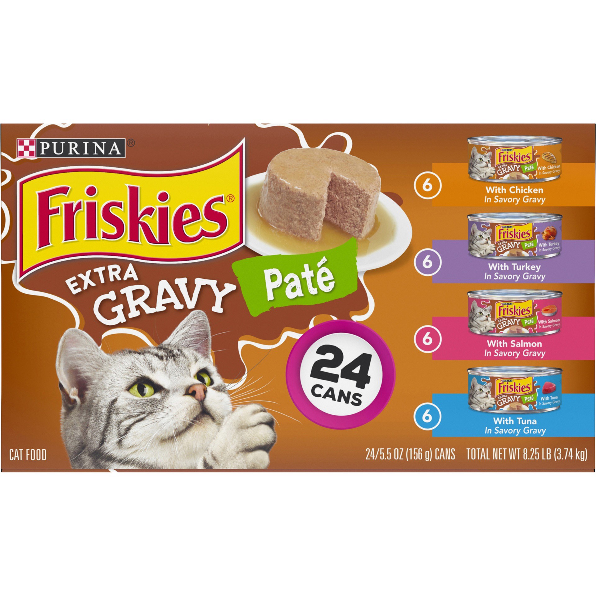 slide 6 of 9, Purina Friskies Pate Wet Cat Food Variety Pack, Extra Gravy Pate Chicken, Turkey, Salmon & Tuna, 8.25 lb