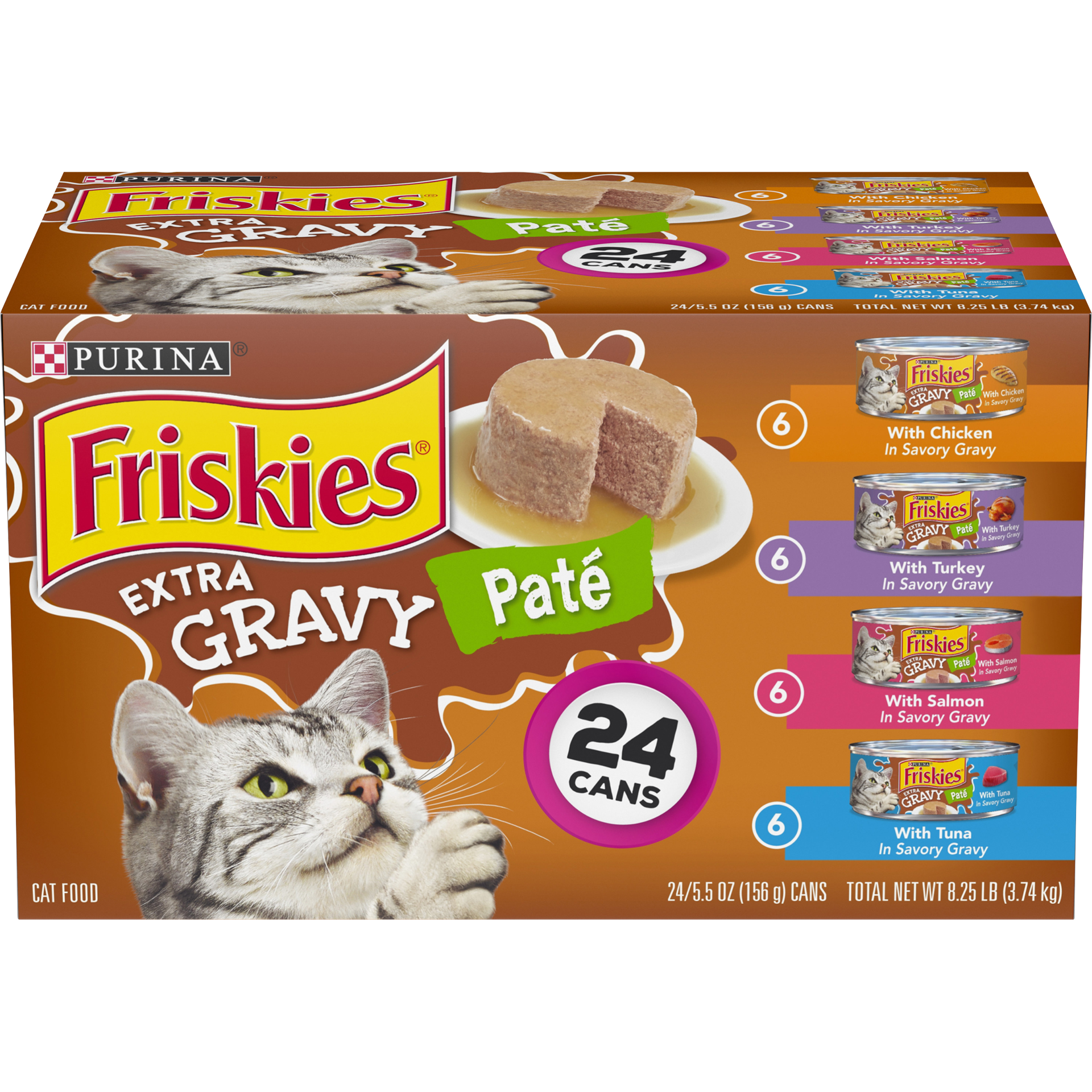 slide 1 of 9, Purina Friskies Pate Wet Cat Food Variety Pack, Extra Gravy Pate Chicken, Turkey, Salmon & Tuna, 8.25 lb