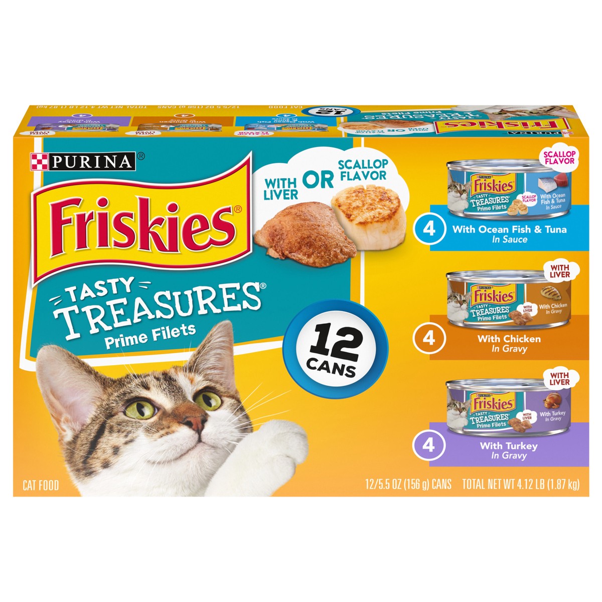 slide 9 of 15, Purina Friskies Tasty Treasures Prime Filets Ocean Fish, Chicken & Turkey Wet Cat Food - 5.5oz/12ct Variety Pack, 12 ct; 5.5 fl oz