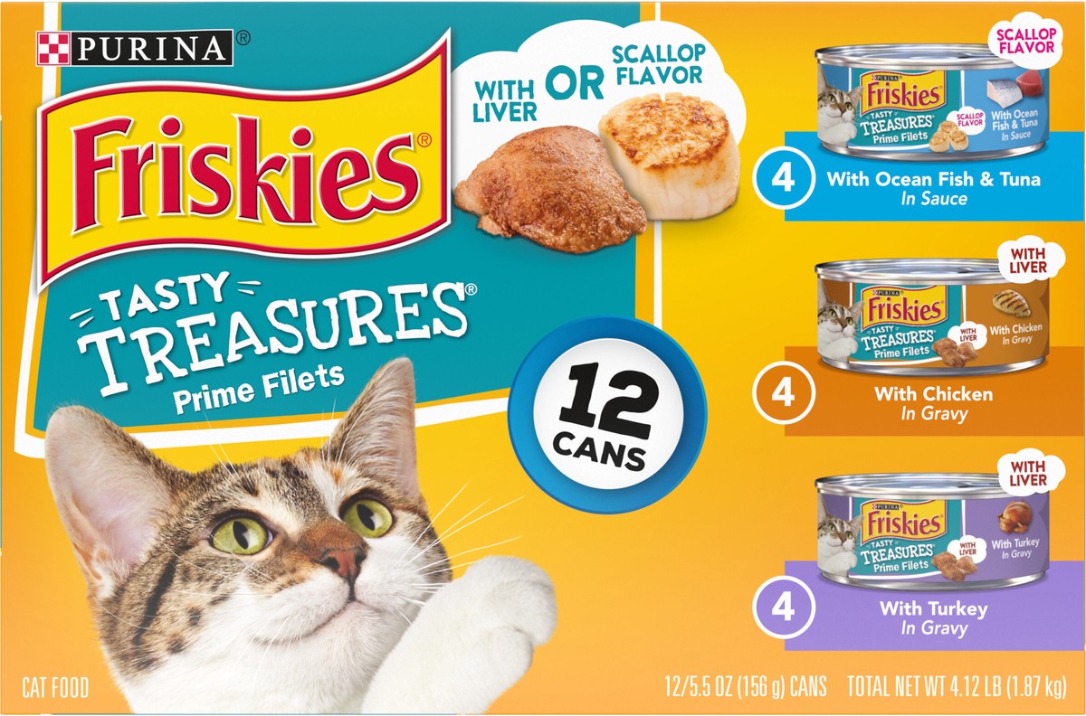 slide 13 of 15, Purina Friskies Tasty Treasures Prime Filets Ocean Fish, Chicken & Turkey Wet Cat Food - 5.5oz/12ct Variety Pack, 12 ct; 5.5 fl oz