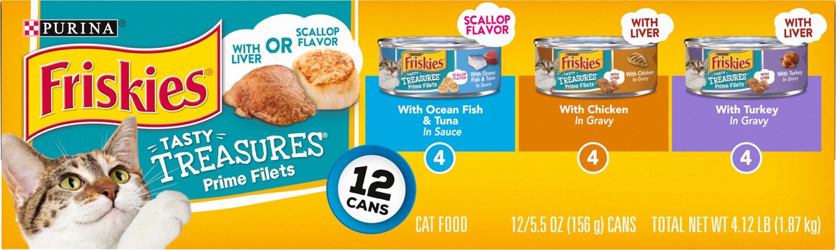 slide 5 of 15, Purina Friskies Tasty Treasures Prime Filets Ocean Fish, Chicken & Turkey Wet Cat Food - 5.5oz/12ct Variety Pack, 12 ct; 5.5 fl oz