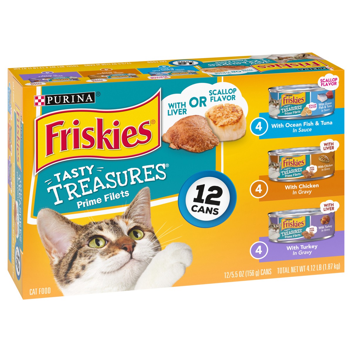 slide 14 of 15, Purina Friskies Tasty Treasures Prime Filets Ocean Fish, Chicken & Turkey Wet Cat Food - 5.5oz/12ct Variety Pack, 12 ct; 5.5 fl oz