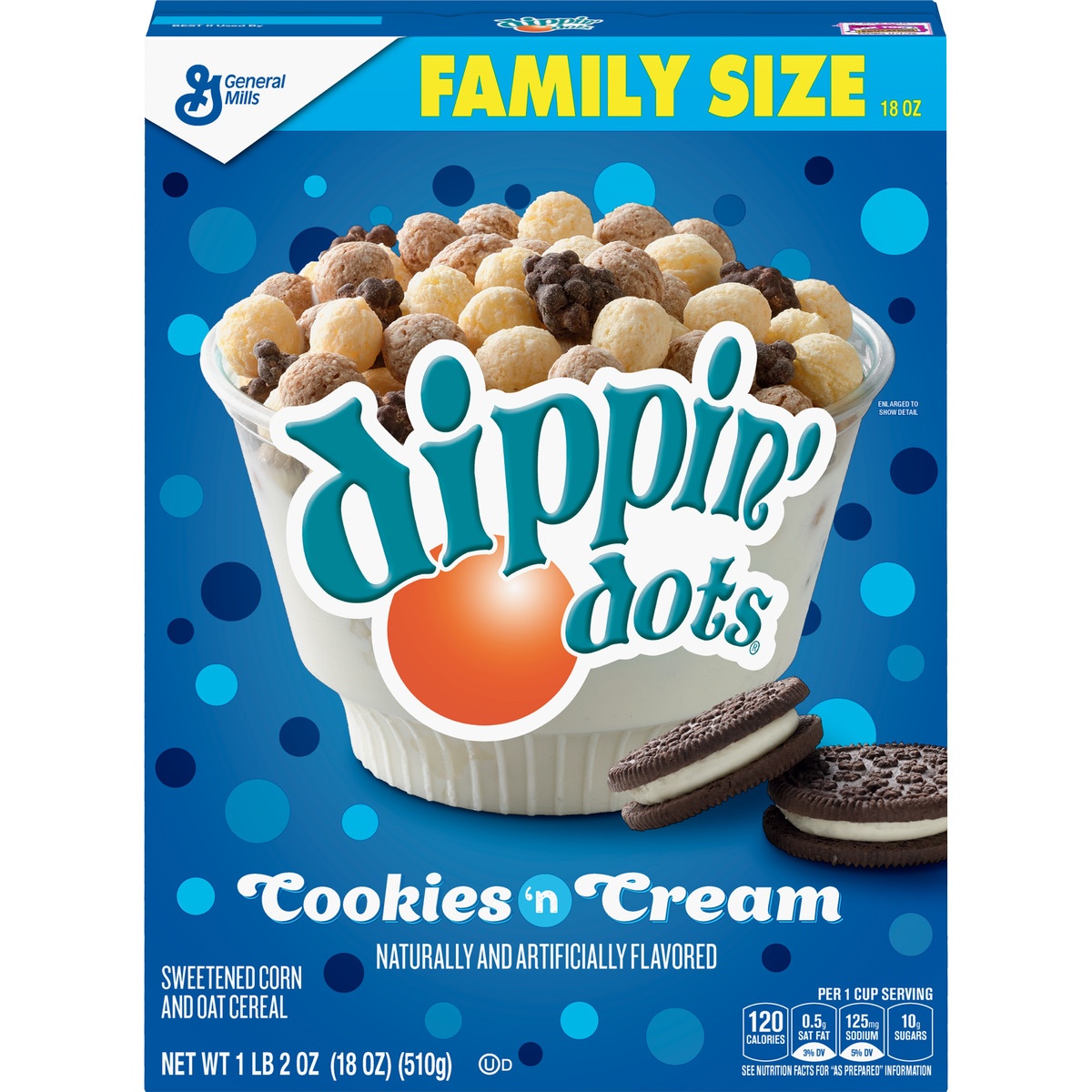 slide 1 of 6, General Mills Dippin Dots Cookies & Cream Flavored Cereal Family Size, 18 oz Box, 18 oz