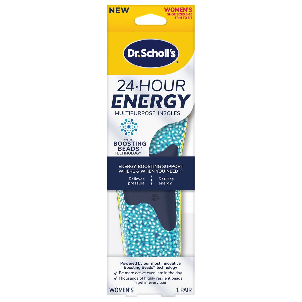 slide 3 of 6, Dr. Scholl's 24-Hour Energy Multipurpose Insoles, Returns Energy with every step, Relieves Foot Pressure & Tired Achy Feet, Memory Foam & Gel Insert, Women's Shoe Size 6-10, 1 Pair, 1 ct