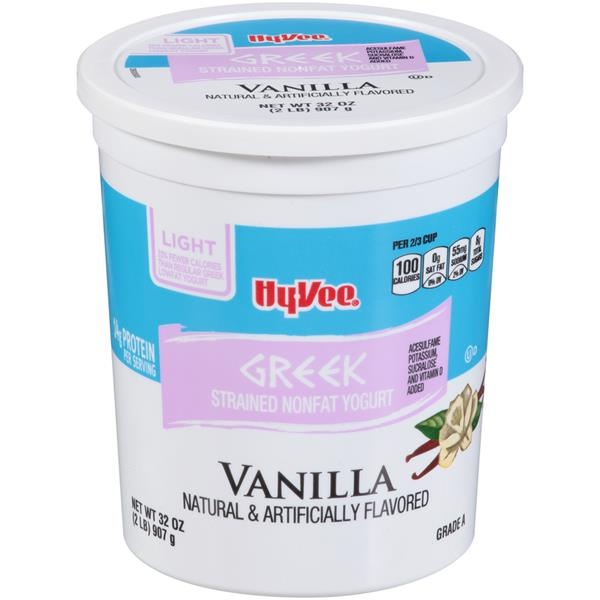 slide 1 of 1, Hy-vee Vanilla Light Greek Strained Nonfat Yogurt - 32 oz, 32 oz