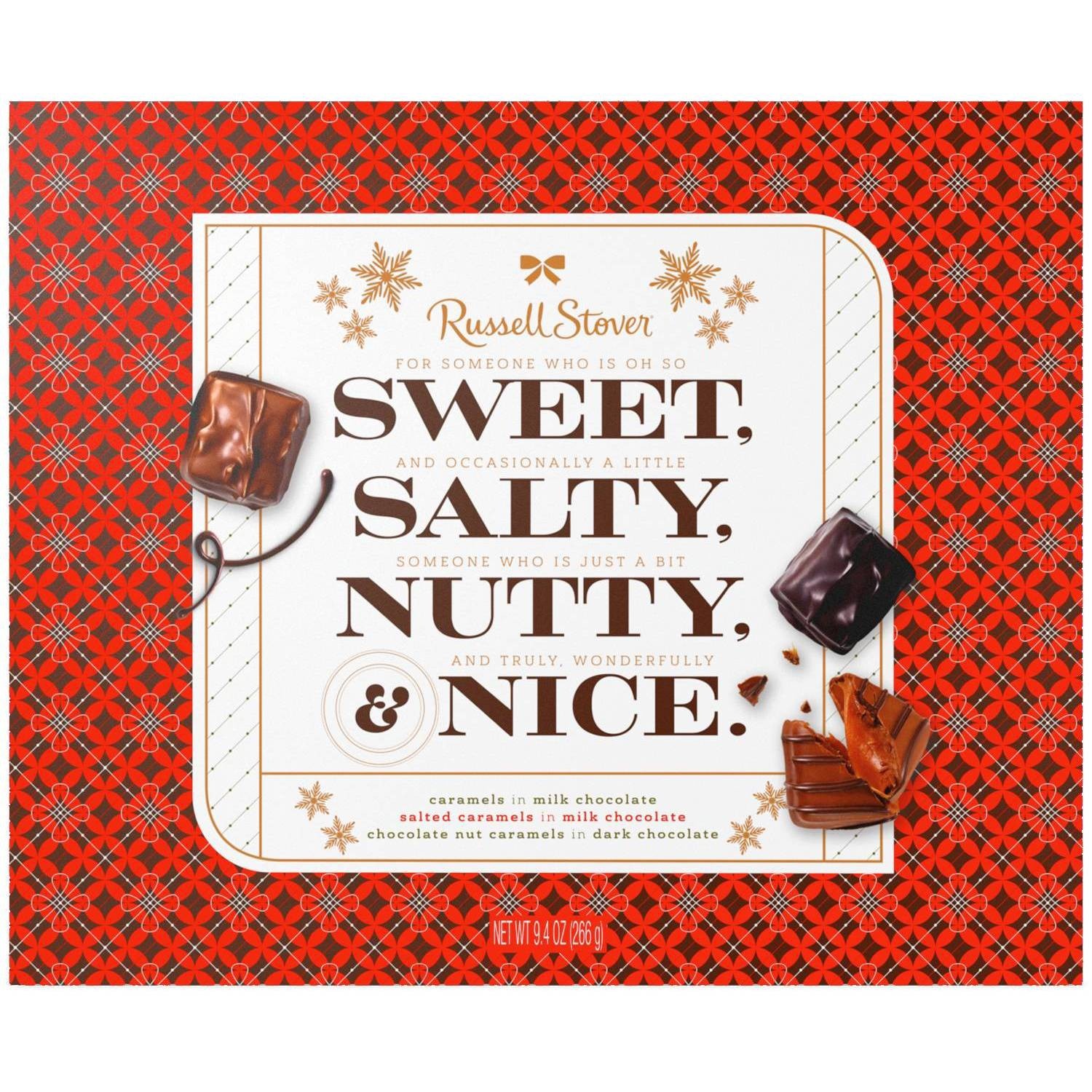 slide 1 of 1, Russell Stover Sweet,Salty, Nutty, & Nice Assorted Caramels Box, 9.4 oz