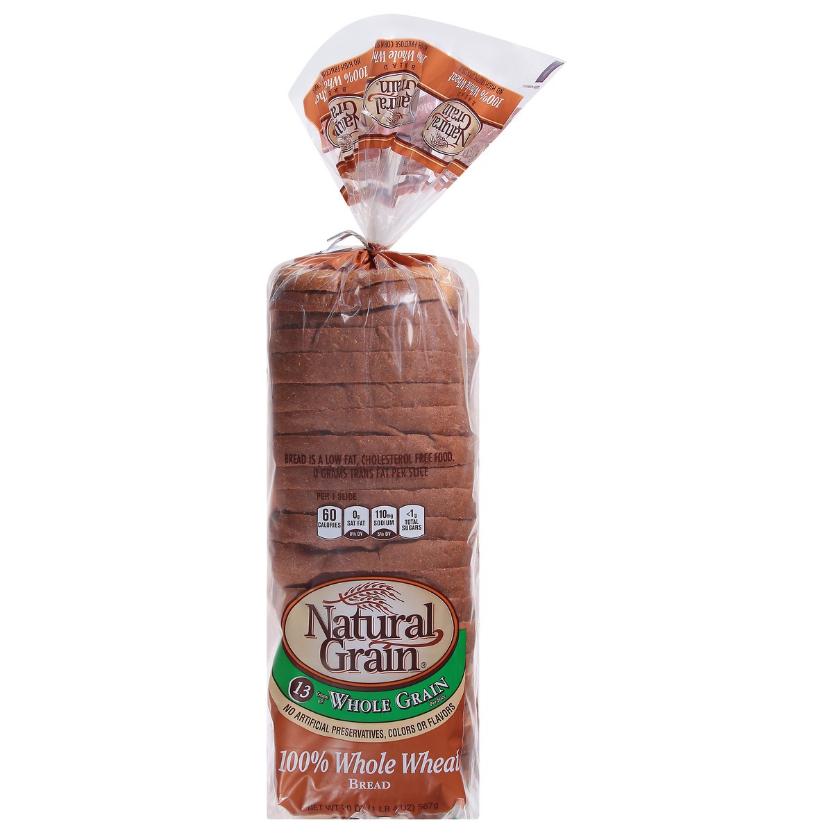 slide 1 of 6, Natural Grain 100% Whole Wheat Bread 20 oz, 20 oz