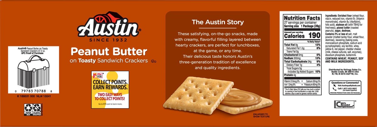 slide 4 of 13, Austin Sandwich Crackers, Peanut Butter on Toasty, 37.2 oz, 27 Count, 37.2 oz