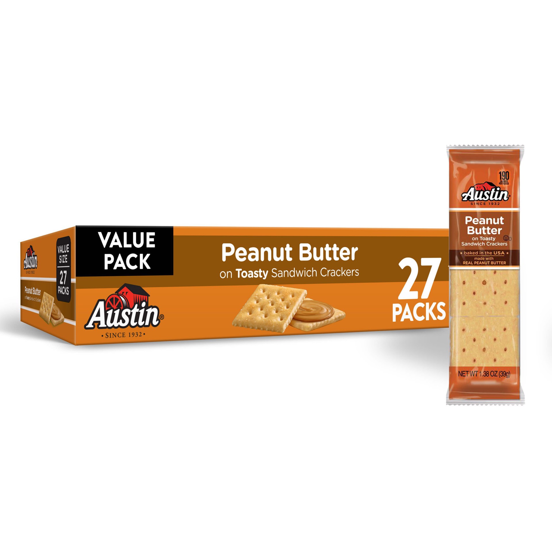 slide 1 of 13, Austin Sandwich Crackers, Peanut Butter on Toasty, 37.2 oz, 27 Count, 37.2 oz