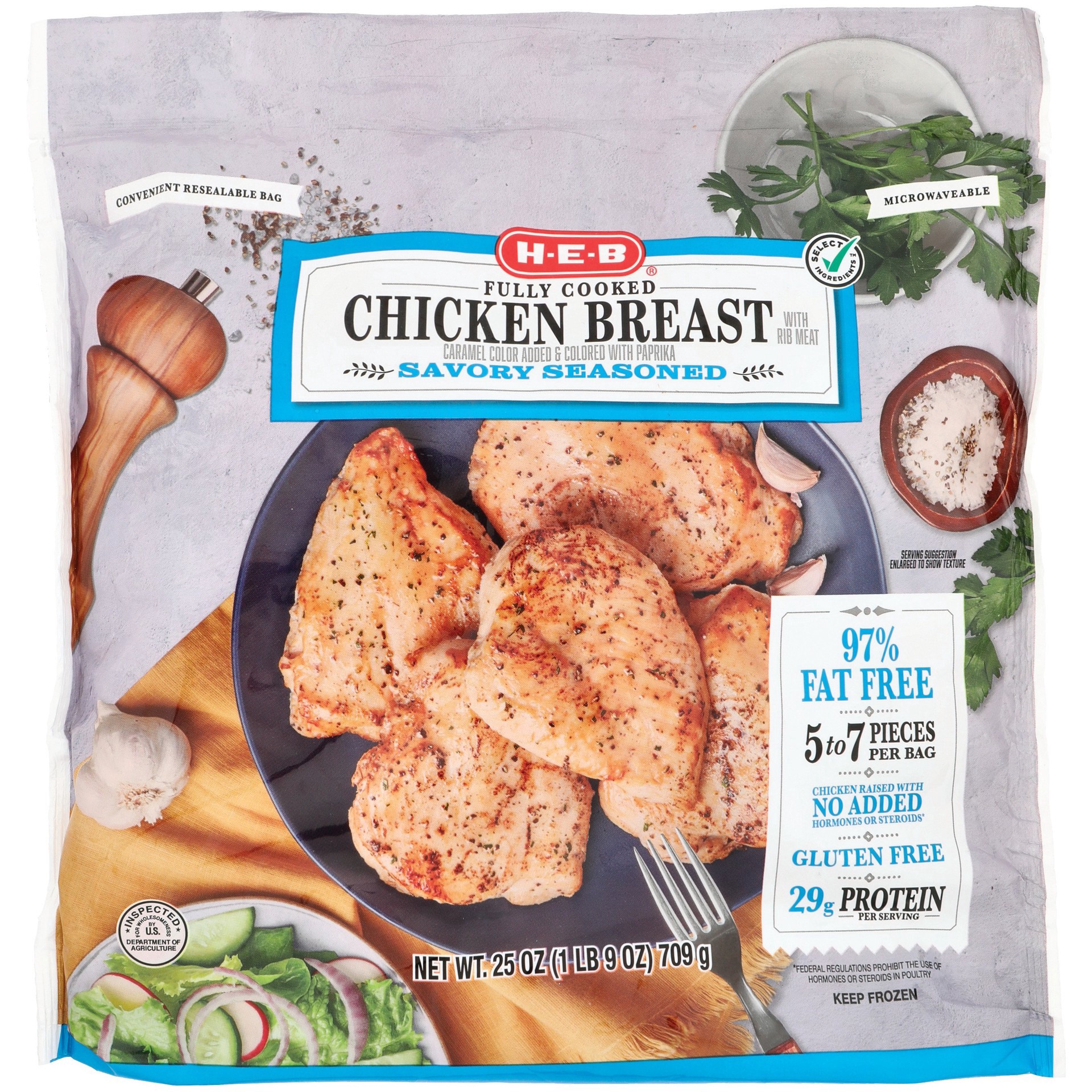 slide 1 of 1, H-E-B Fully Cooked Savory Seasoned Chicken Breasts, 25 oz