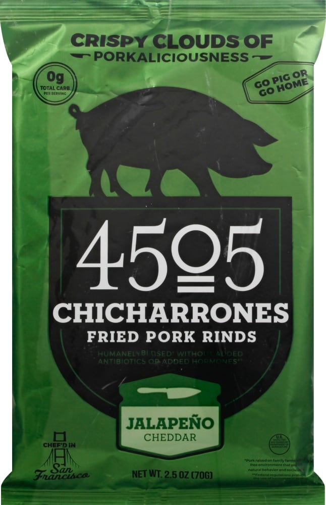 slide 1 of 3, 4505 Meats Chicharrones Jalapeno Cheddar Fried Pork Rinds, 2.5 oz