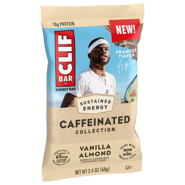 slide 1 of 1, CLIF BAR Caffeinated Collection - Vanilla Almond Flavor - Made with Organic Oats - Energy Bars - Non-GMO - Plant Based Protein Bars (1 Count), 2.4 oz