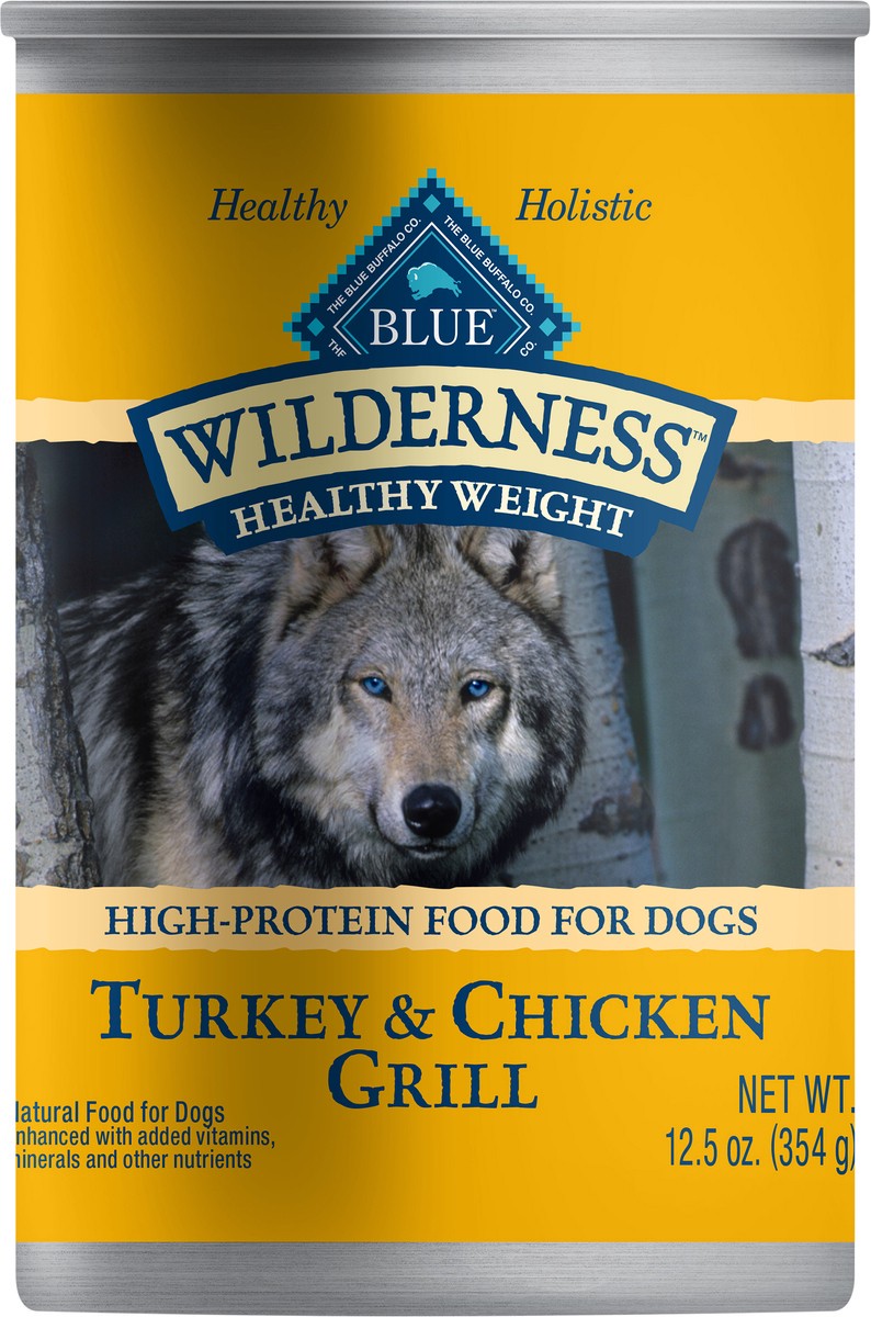 slide 1 of 9, Blue Buffalo Wilderness High Protein, Natural Adult Healthy Weight Dog Wet Food, Turkey & Chicken Grill 12.5-oz Can, 12.5 oz